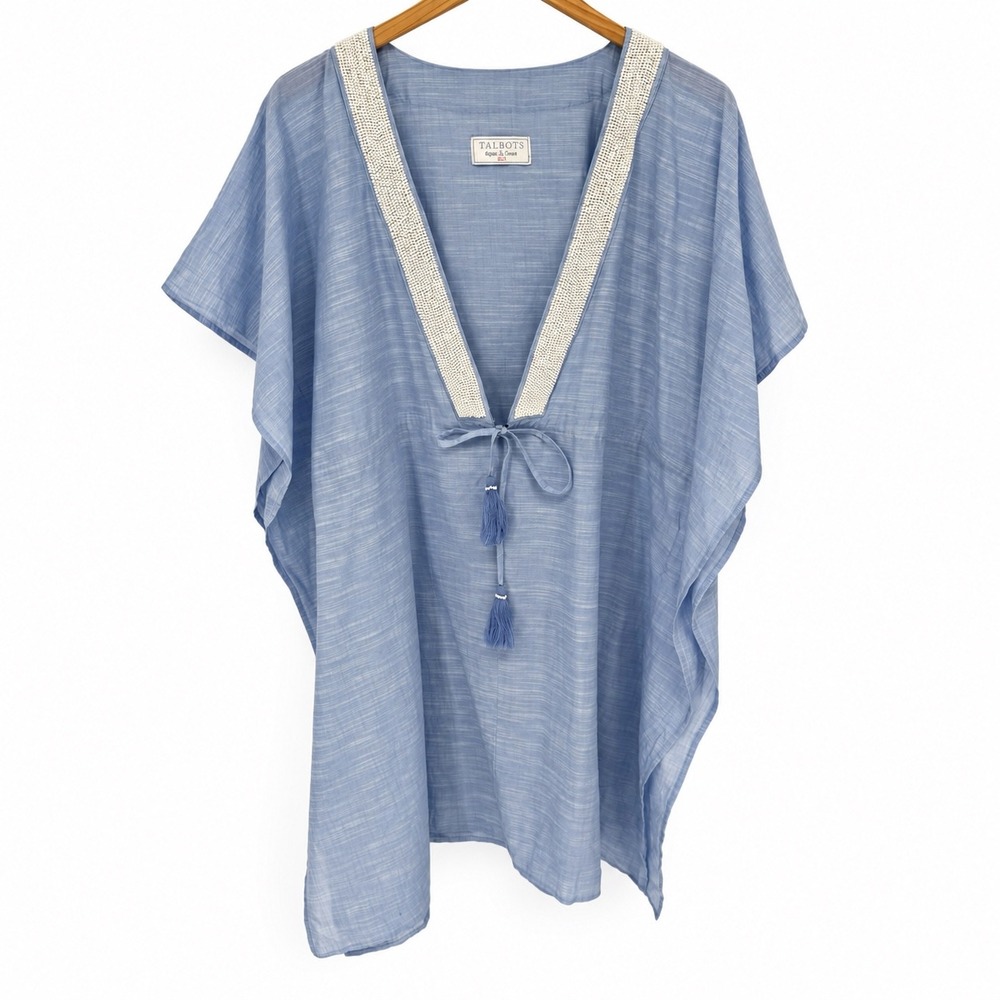 Talbots Aqua Club Kaftan Cover Up Women XS/S Blue Beaded Tassel Coastal Resort